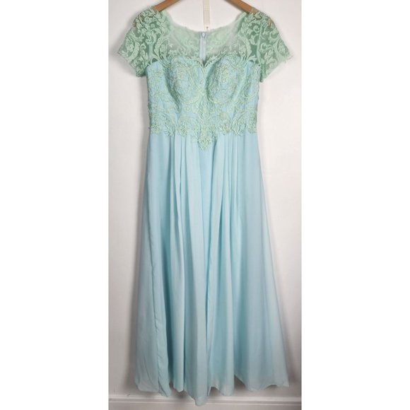 LanTing Bride Women's Sz. 6 Light Blue Teal Lace Sheer Top Gown - Picture 1 of 10